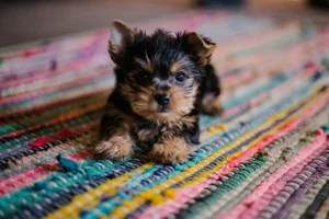 A Yorkshire Terrier puppy lies on a colorful, woven rag rug.