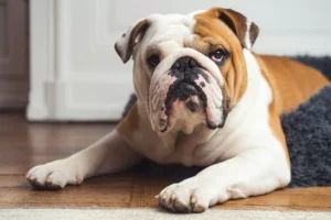 A English Bulldog lying on a wooden floor next to a plush grey pet bed.